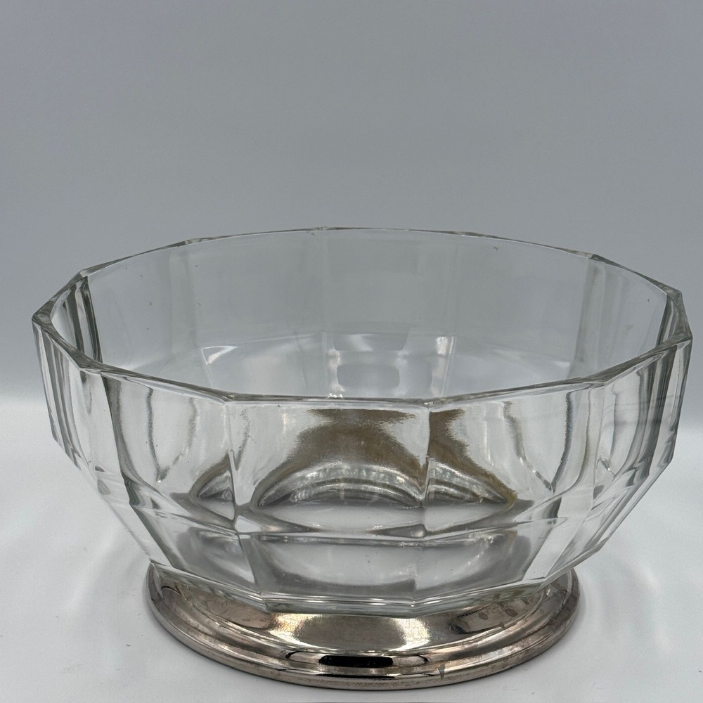 Vintage Faceted Glass Bowl Dish Silver Tone Pedestal Base Clear Decor - Picture 3 of 16